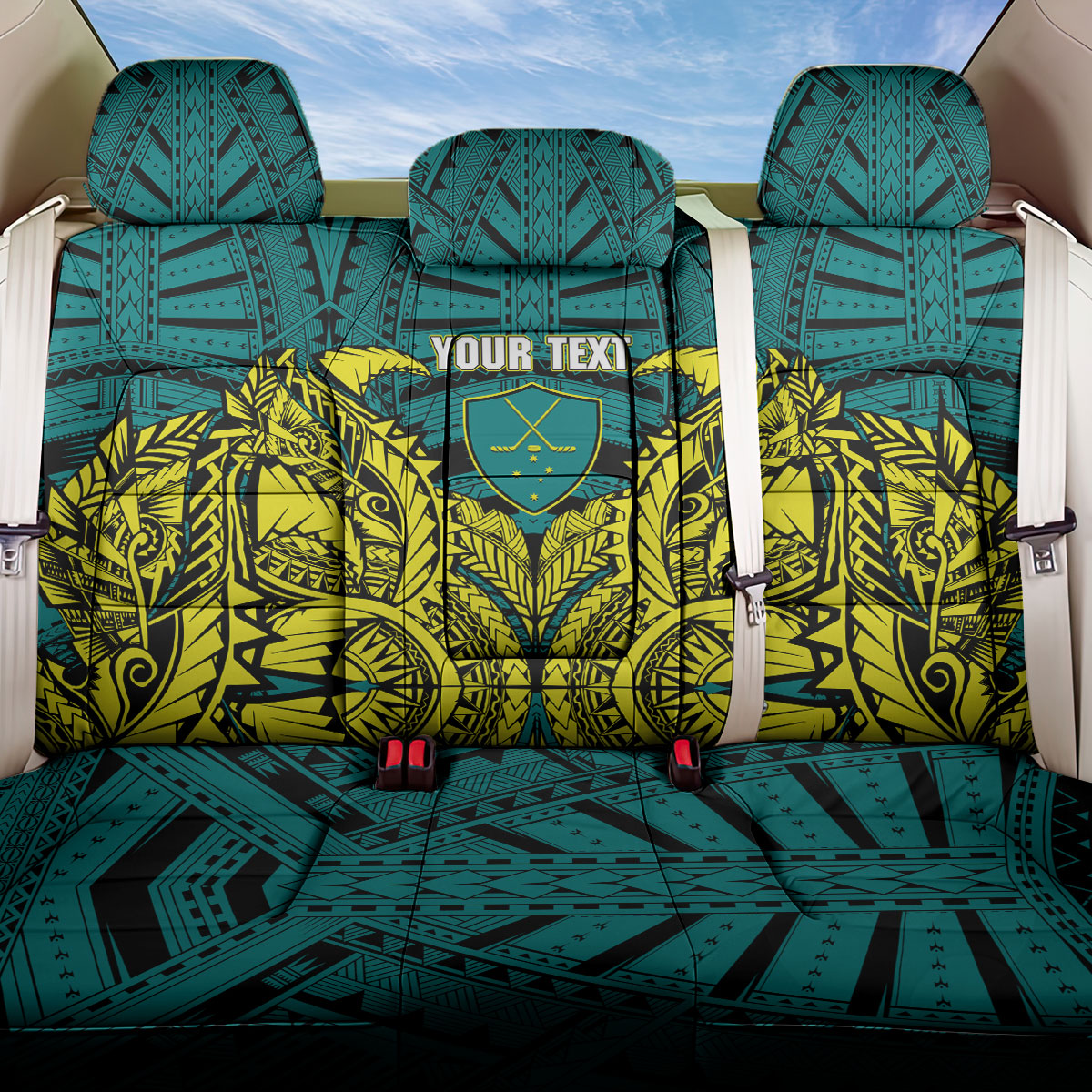 Personalized Hockeyroos Kangaroo Field Hockey Back Car Seat Cover Tribal Geometric Green Gold Symmetrical Pattern Design