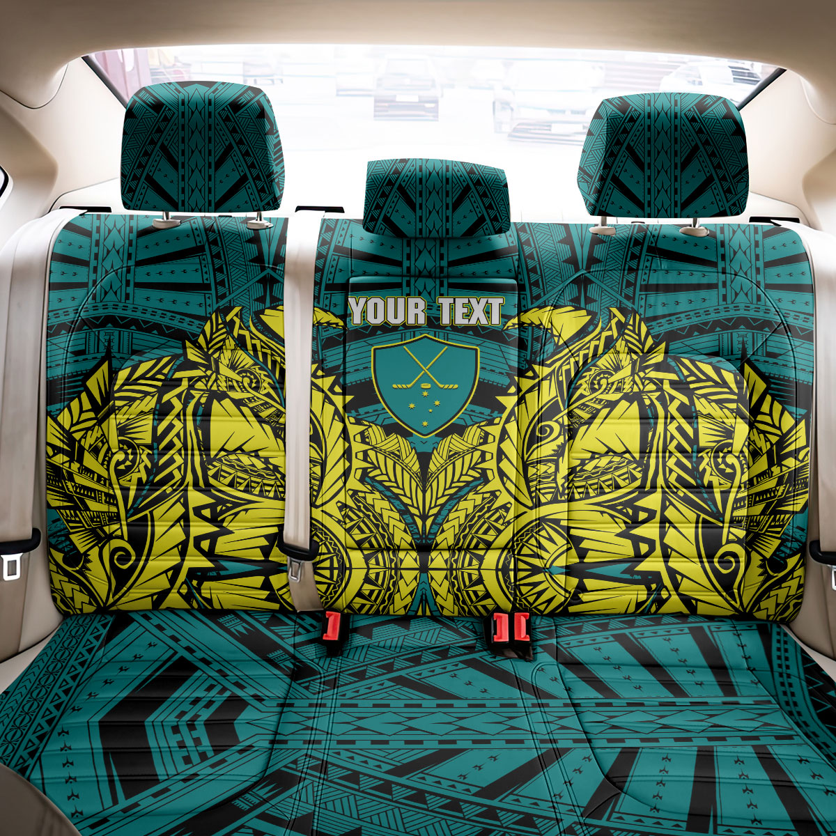 Personalized Hockeyroos Kangaroo Field Hockey Back Car Seat Cover Tribal Geometric Green Gold Symmetrical Pattern Design