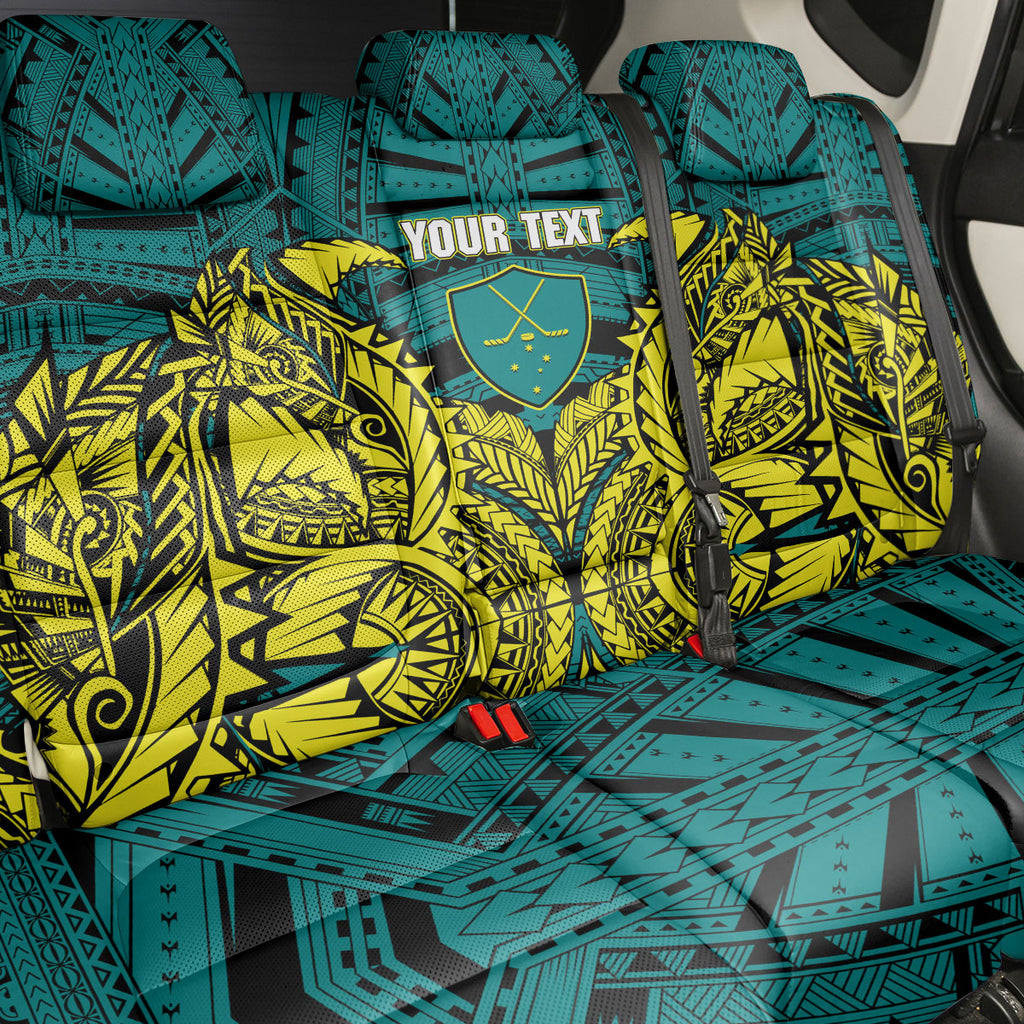 Personalized Hockeyroos Kangaroo Field Hockey Back Car Seat Cover Tribal Geometric Green Gold Symmetrical Pattern Design