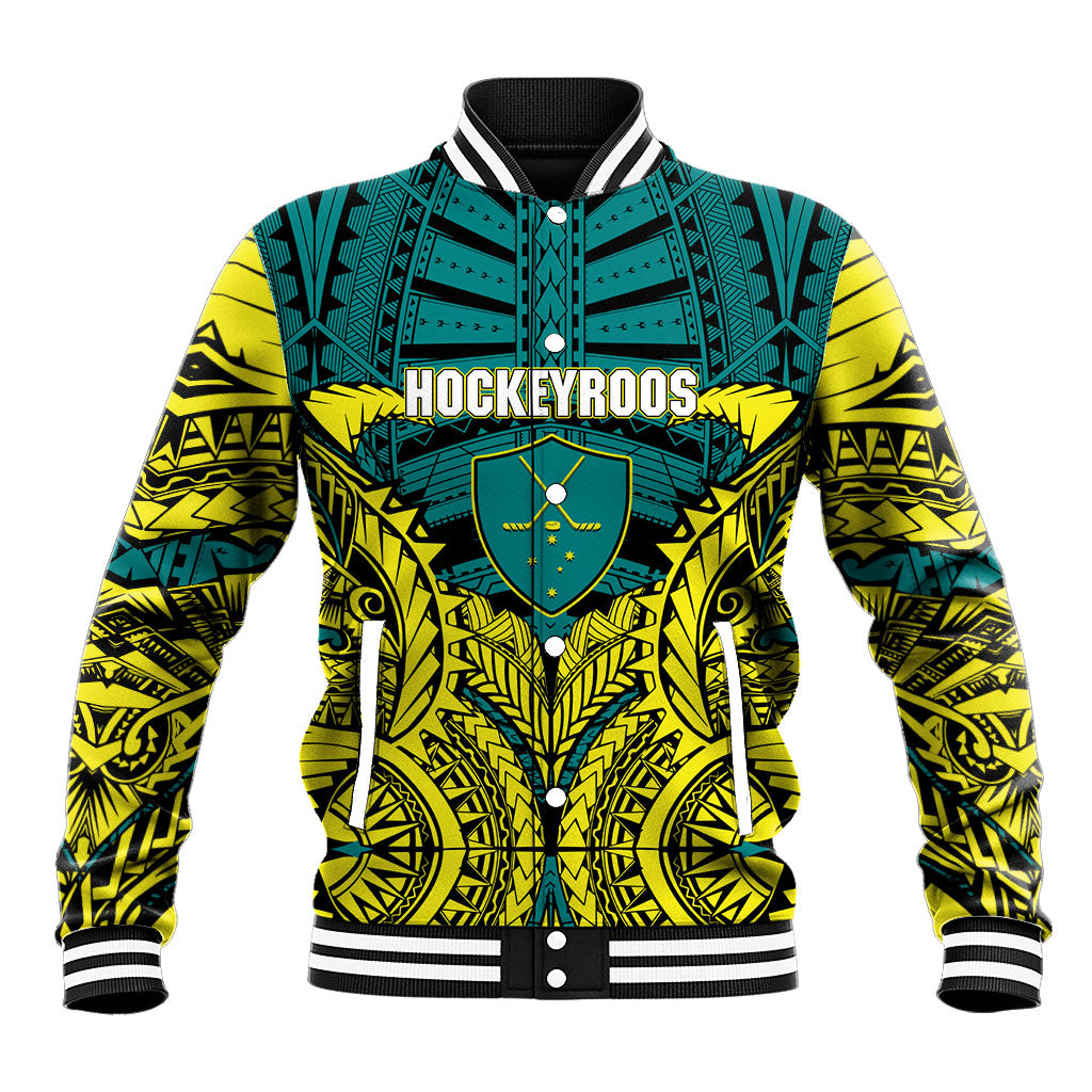 Personalized Hockeyroos Kangaroo Field Hockey Baseball Jacket Tribal Geometric Green Gold Symmetrical Pattern Design
