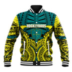 Personalized Hockeyroos Kangaroo Field Hockey Baseball Jacket Tribal Geometric Green Gold Symmetrical Pattern Design