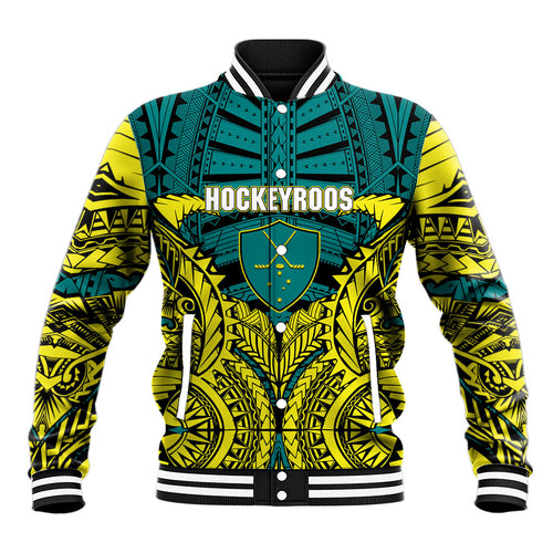 Personalized Hockeyroos Kangaroo Field Hockey Baseball Jacket Tribal Geometric Green Gold Symmetrical Pattern Design