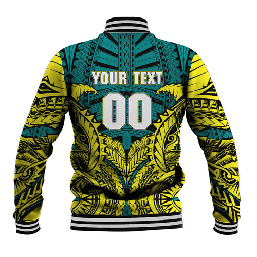 Personalized Hockeyroos Kangaroo Field Hockey Baseball Jacket Tribal Geometric Green Gold Symmetrical Pattern Design