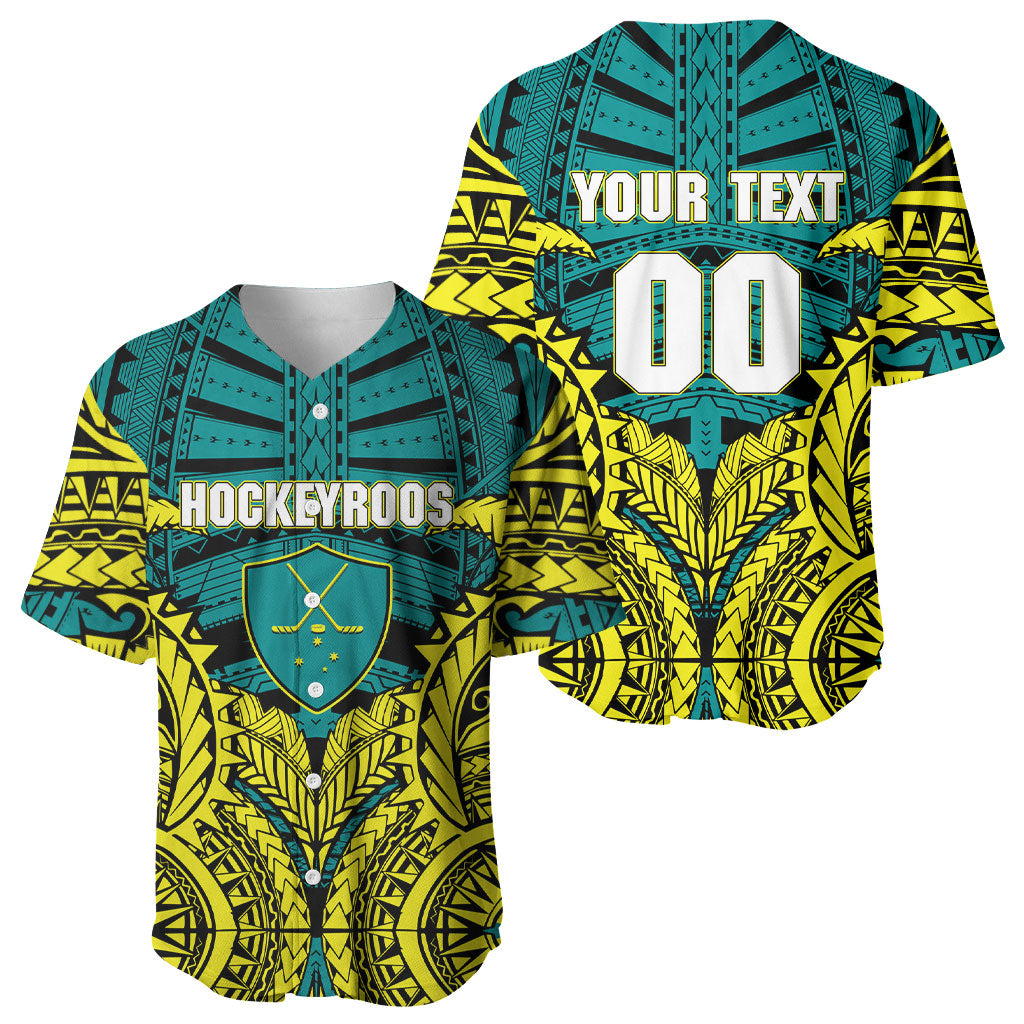 Personalized Hockeyroos Kangaroo Field Hockey Baseball Jersey Tribal Geometric Green Gold Symmetrical Pattern Design