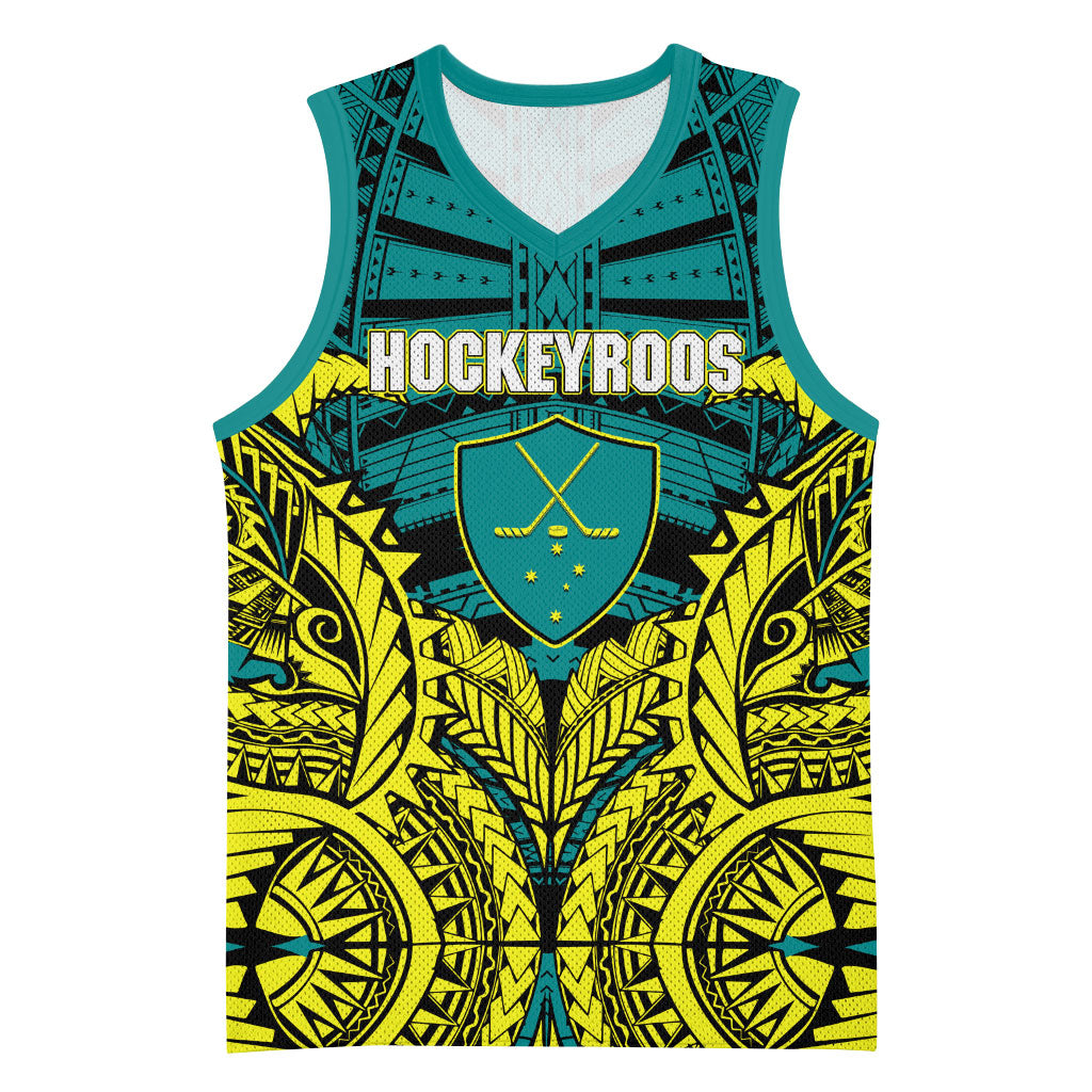 Personalized Hockeyroos Kangaroo Field Hockey Basketball Jersey Tribal Geometric Green Gold Symmetrical Pattern Design