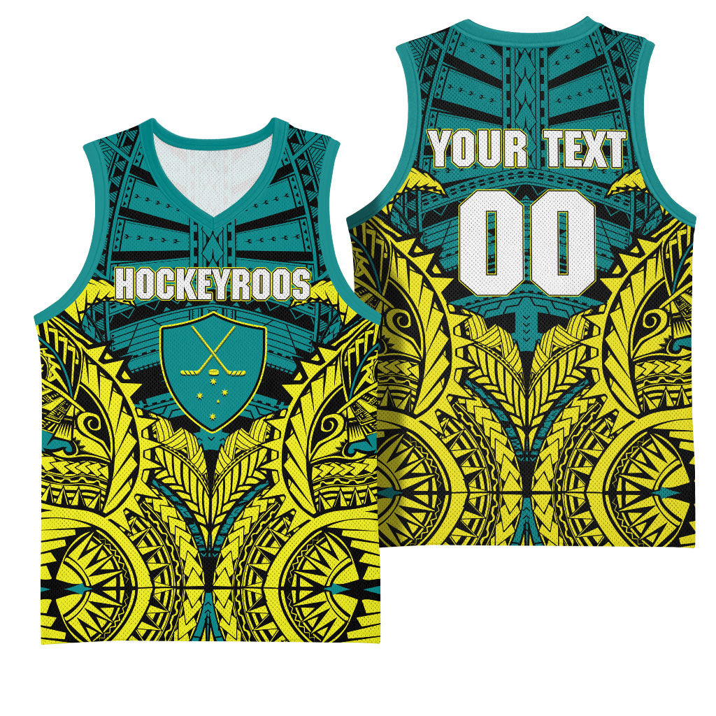 Personalized Hockeyroos Kangaroo Field Hockey Basketball Jersey Tribal Geometric Green Gold Symmetrical Pattern Design