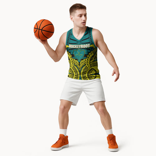 Personalized Hockeyroos Kangaroo Field Hockey Basketball Jersey Tribal Geometric Green Gold Symmetrical Pattern Design