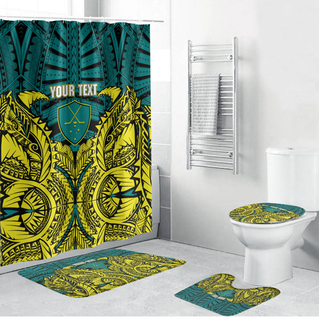 Personalized Hockeyroos Kangaroo Field Hockey Bathroom Set Tribal Geometric Green Gold Symmetrical Pattern Design