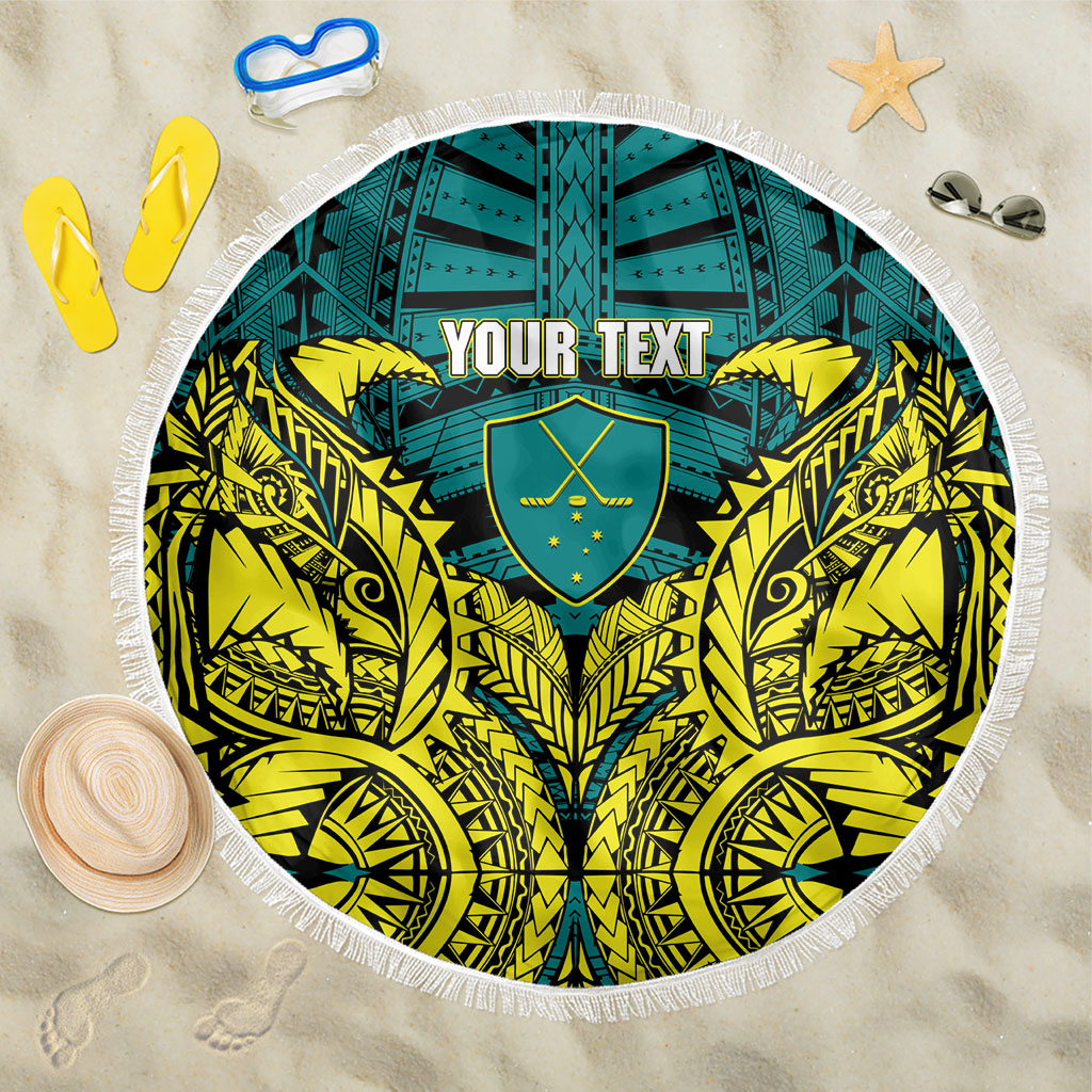 Personalized Hockeyroos Kangaroo Field Hockey Beach Blanket Tribal Geometric Green Gold Symmetrical Pattern Design