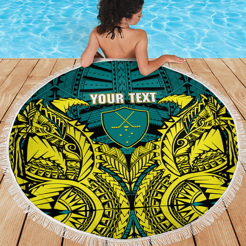 Personalized Hockeyroos Kangaroo Field Hockey Beach Blanket Tribal Geometric Green Gold Symmetrical Pattern Design