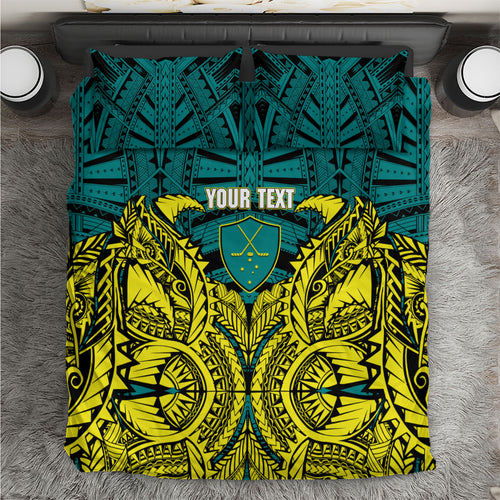 Personalized Hockeyroos Kangaroo Field Hockey Bedding Set Tribal Geometric Green Gold Symmetrical Pattern Design