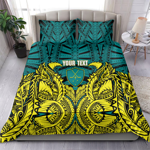 Personalized Hockeyroos Kangaroo Field Hockey Bedding Set Tribal Geometric Green Gold Symmetrical Pattern Design