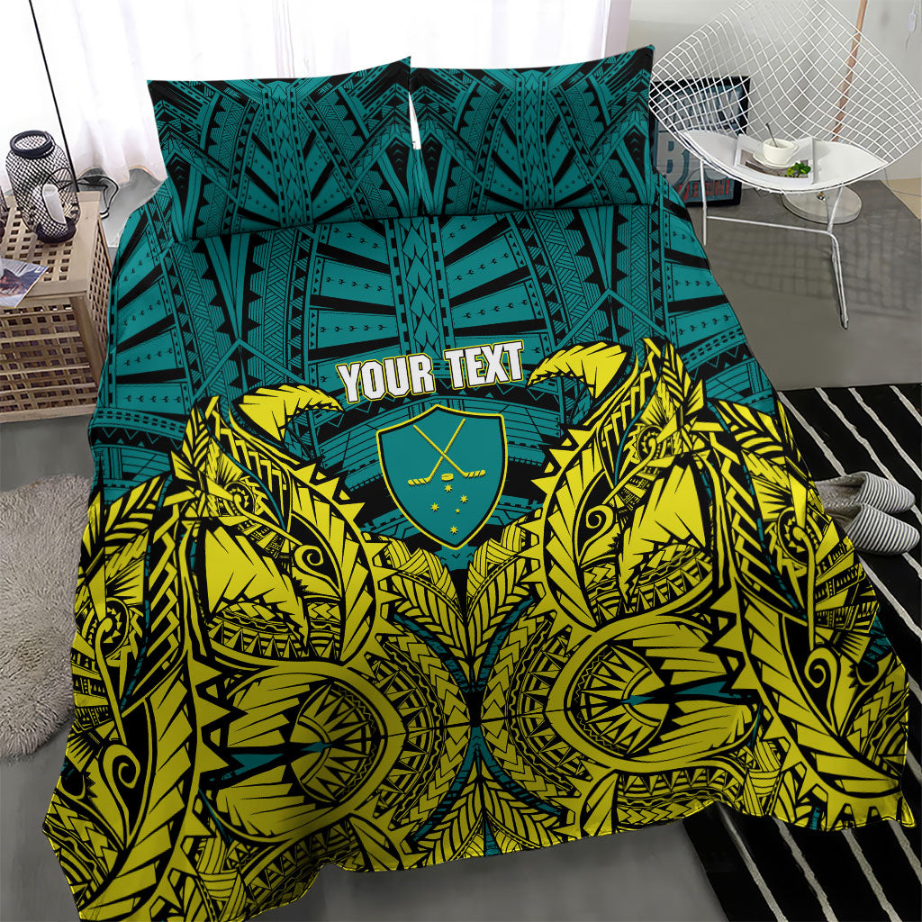Personalized Hockeyroos Kangaroo Field Hockey Bedding Set Tribal Geometric Green Gold Symmetrical Pattern Design