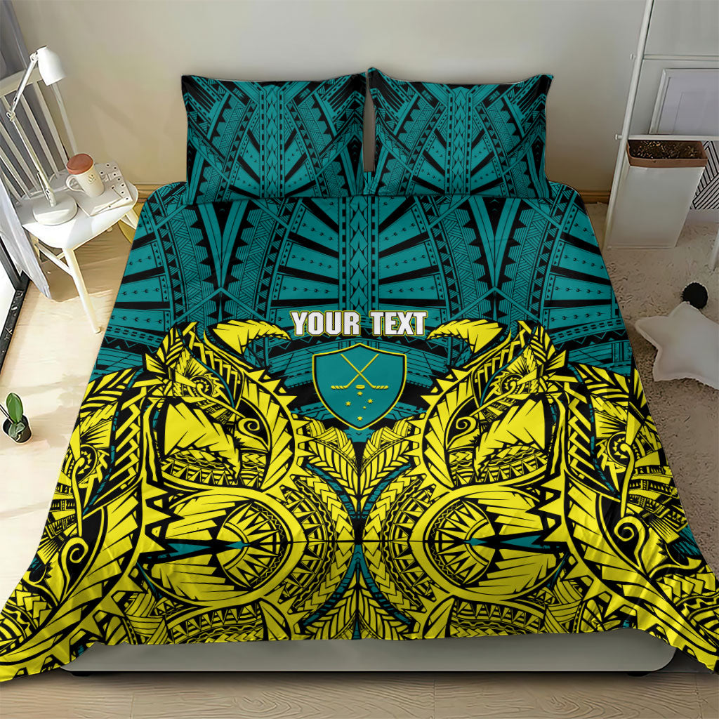 Personalized Hockeyroos Kangaroo Field Hockey Bedding Set Tribal Geometric Green Gold Symmetrical Pattern Design
