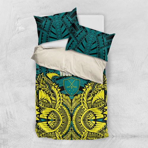 Personalized Hockeyroos Kangaroo Field Hockey Bedding Set Tribal Geometric Green Gold Symmetrical Pattern Design