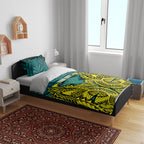 Personalized Hockeyroos Kangaroo Field Hockey Bedding Set Tribal Geometric Green Gold Symmetrical Pattern Design