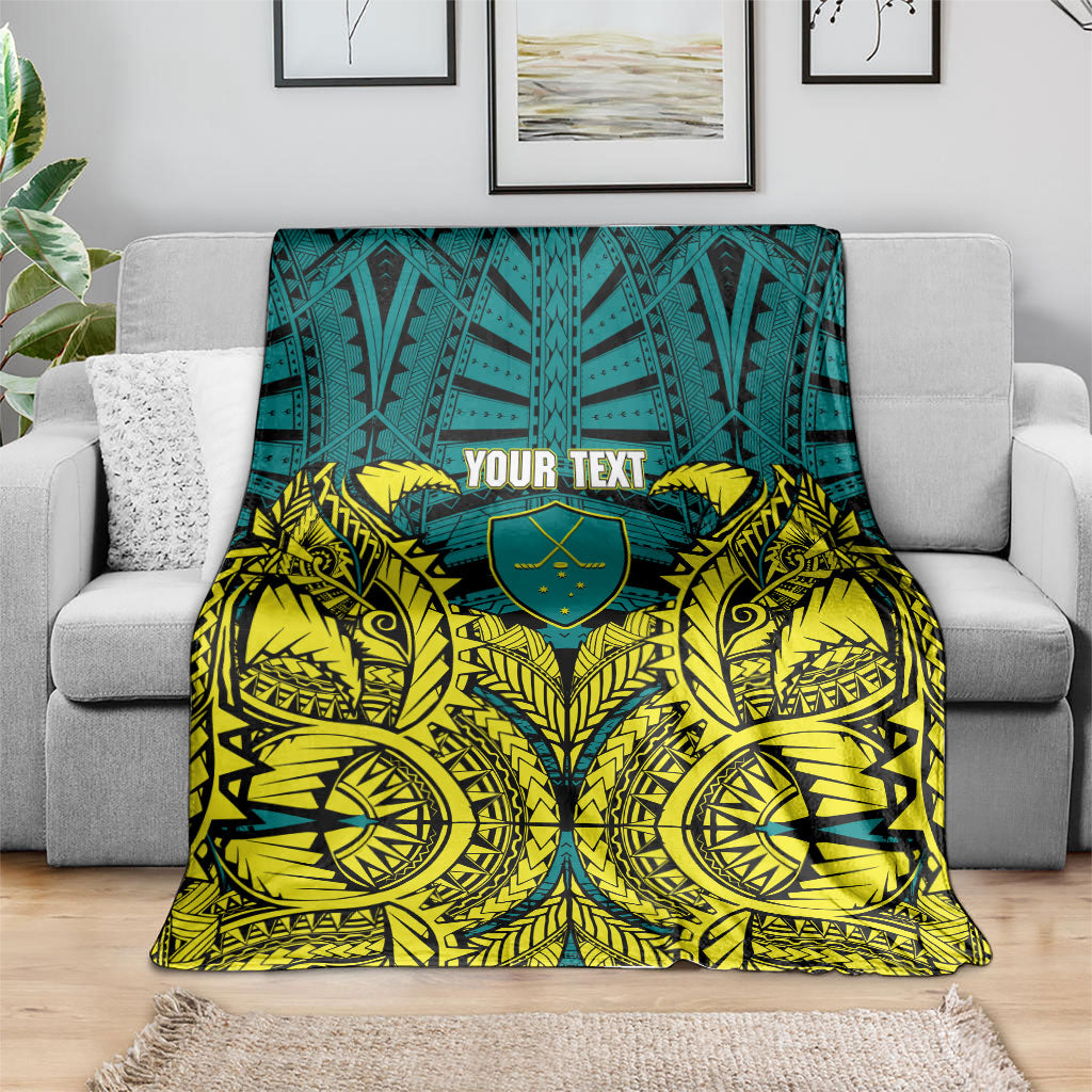 Personalized Hockeyroos Kangaroo Field Hockey Blanket Tribal Geometric Green Gold Symmetrical Pattern Design
