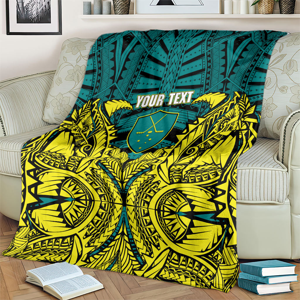 Personalized Hockeyroos Kangaroo Field Hockey Blanket Tribal Geometric Green Gold Symmetrical Pattern Design