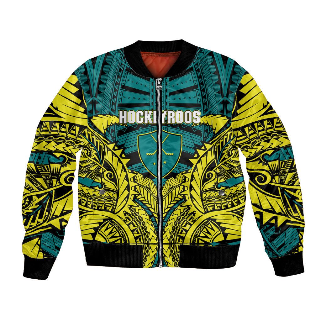 Personalized Hockeyroos Kangaroo Field Hockey Bomber Jacket Tribal Geometric Green Gold Symmetrical Pattern Design
