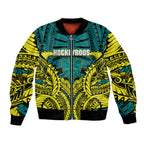 Personalized Hockeyroos Kangaroo Field Hockey Bomber Jacket Tribal Geometric Green Gold Symmetrical Pattern Design