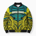 Personalized Hockeyroos Kangaroo Field Hockey Bomber Puffer Jacket Tribal Geometric Green Gold Symmetrical Pattern Design