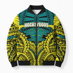 Personalized Hockeyroos Kangaroo Field Hockey Bomber Puffer Jacket Tribal Geometric Green Gold Symmetrical Pattern Design