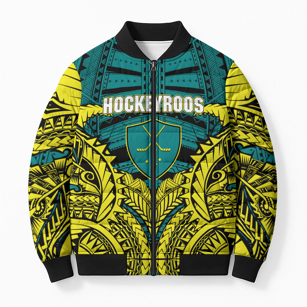 Personalized Hockeyroos Kangaroo Field Hockey Bomber Puffer Jacket Tribal Geometric Green Gold Symmetrical Pattern Design