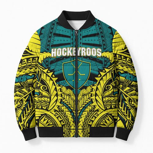 Personalized Hockeyroos Kangaroo Field Hockey Bomber Puffer Jacket Tribal Geometric Green Gold Symmetrical Pattern Design