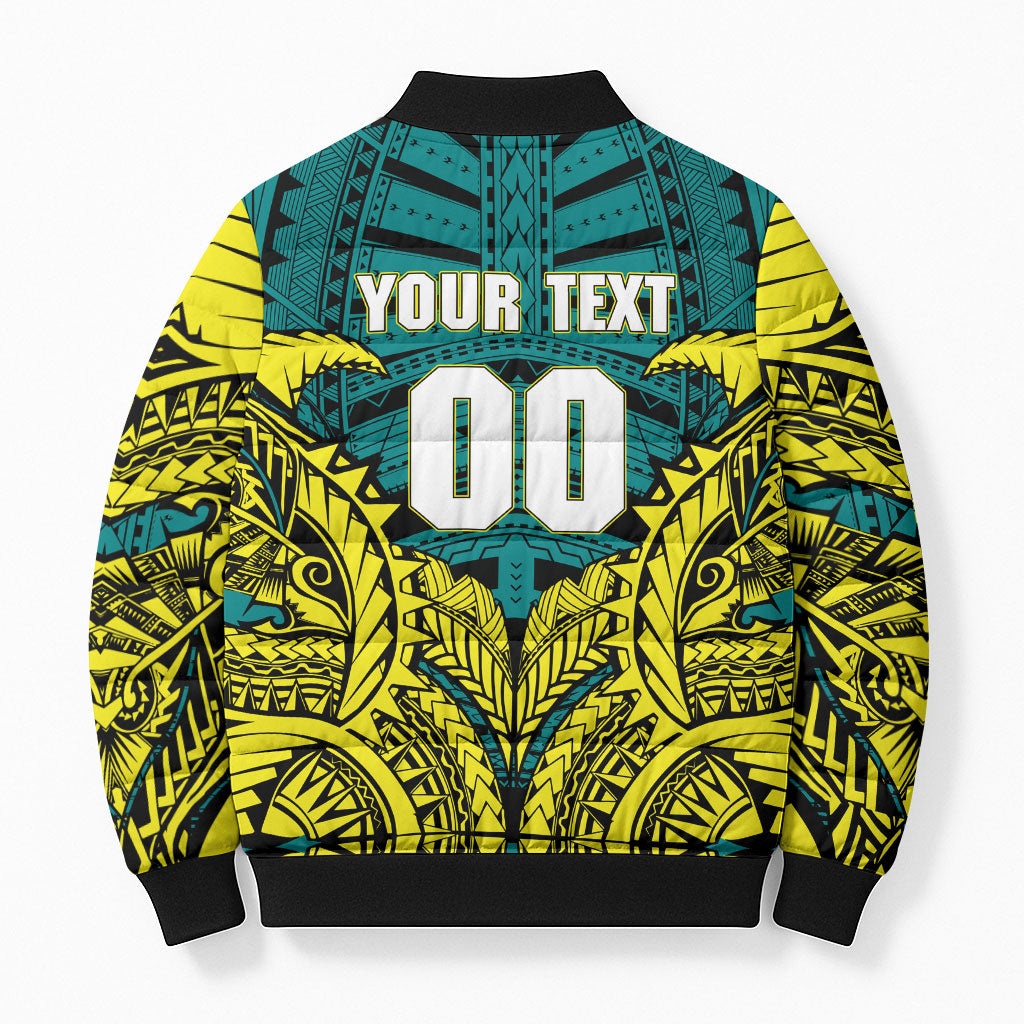 Personalized Hockeyroos Kangaroo Field Hockey Bomber Puffer Jacket Tribal Geometric Green Gold Symmetrical Pattern Design