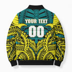 Personalized Hockeyroos Kangaroo Field Hockey Bomber Puffer Jacket Tribal Geometric Green Gold Symmetrical Pattern Design