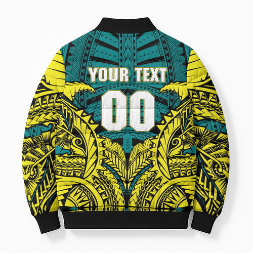 Personalized Hockeyroos Kangaroo Field Hockey Bomber Puffer Jacket Tribal Geometric Green Gold Symmetrical Pattern Design