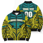 Personalized Hockeyroos Kangaroo Field Hockey Bomber Puffer Jacket Tribal Geometric Green Gold Symmetrical Pattern Design