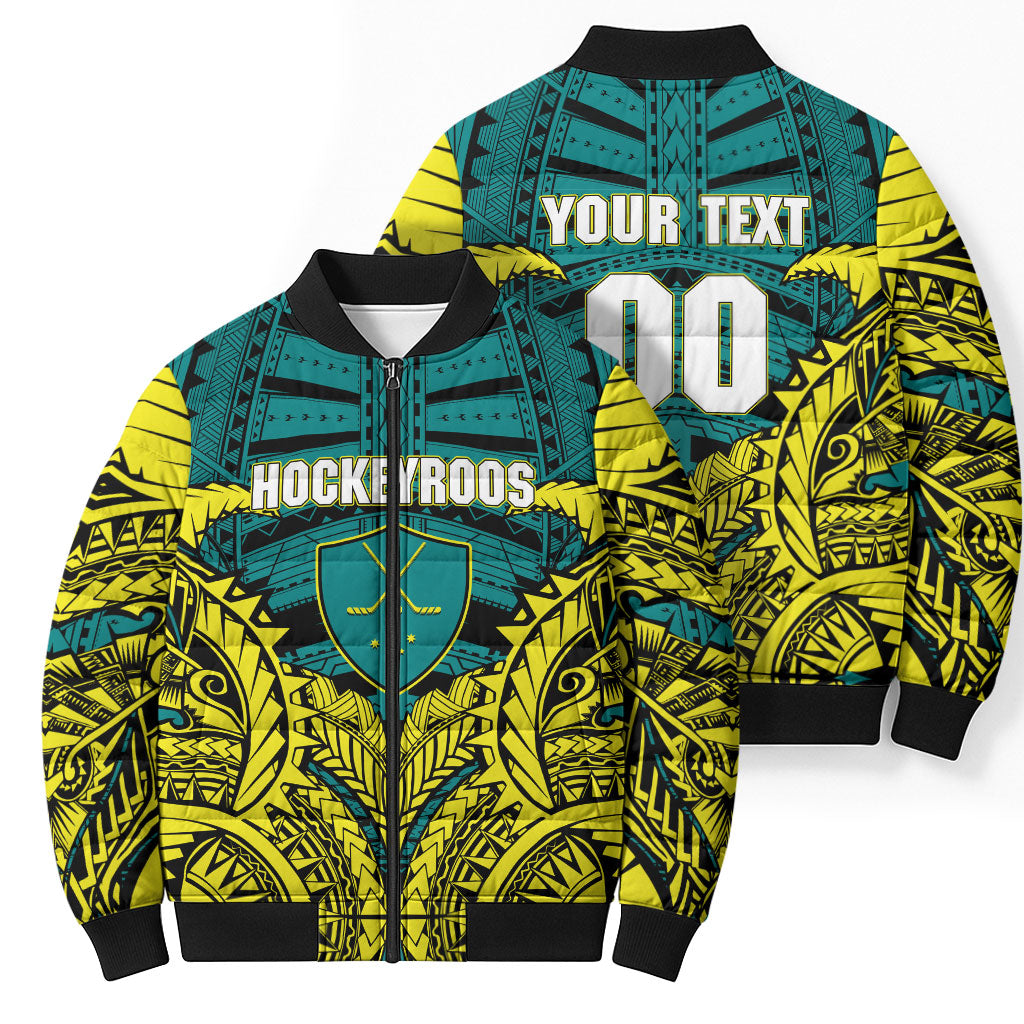 Personalized Hockeyroos Kangaroo Field Hockey Bomber Puffer Jacket Tribal Geometric Green Gold Symmetrical Pattern Design