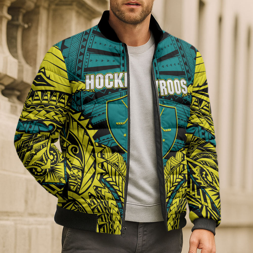 Personalized Hockeyroos Kangaroo Field Hockey Bomber Puffer Jacket Tribal Geometric Green Gold Symmetrical Pattern Design