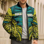 Personalized Hockeyroos Kangaroo Field Hockey Bomber Puffer Jacket Tribal Geometric Green Gold Symmetrical Pattern Design