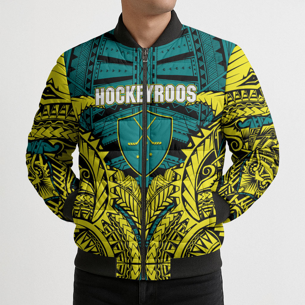 Personalized Hockeyroos Kangaroo Field Hockey Bomber Puffer Jacket Tribal Geometric Green Gold Symmetrical Pattern Design