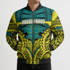 Personalized Hockeyroos Kangaroo Field Hockey Bomber Puffer Jacket Tribal Geometric Green Gold Symmetrical Pattern Design