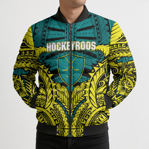 Personalized Hockeyroos Kangaroo Field Hockey Bomber Puffer Jacket Tribal Geometric Green Gold Symmetrical Pattern Design