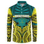 Personalized Hockeyroos Kangaroo Field Hockey Button Sweatshirt Tribal Geometric Green Gold Symmetrical Pattern Design