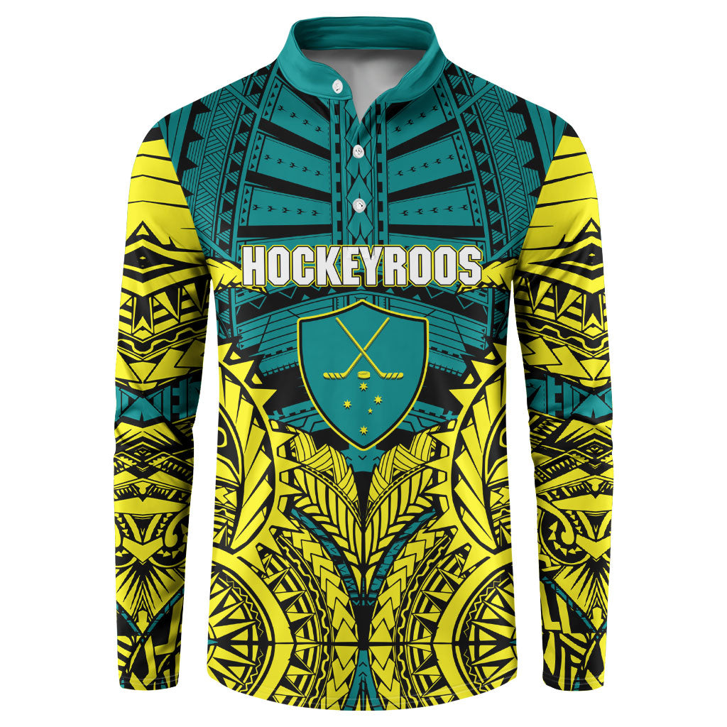 Personalized Hockeyroos Kangaroo Field Hockey Button Sweatshirt Tribal Geometric Green Gold Symmetrical Pattern Design