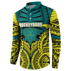 Personalized Hockeyroos Kangaroo Field Hockey Button Sweatshirt Tribal Geometric Green Gold Symmetrical Pattern Design