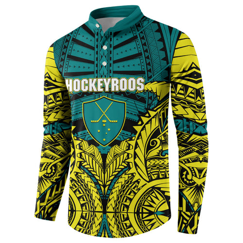 Personalized Hockeyroos Kangaroo Field Hockey Button Sweatshirt Tribal Geometric Green Gold Symmetrical Pattern Design
