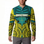 Personalized Hockeyroos Kangaroo Field Hockey Button Sweatshirt Tribal Geometric Green Gold Symmetrical Pattern Design