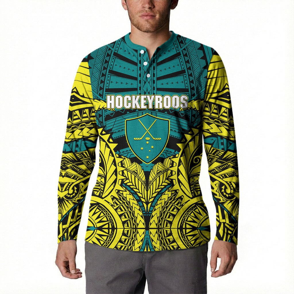 Personalized Hockeyroos Kangaroo Field Hockey Button Sweatshirt Tribal Geometric Green Gold Symmetrical Pattern Design