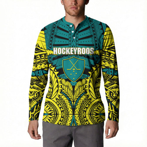 Personalized Hockeyroos Kangaroo Field Hockey Button Sweatshirt Tribal Geometric Green Gold Symmetrical Pattern Design