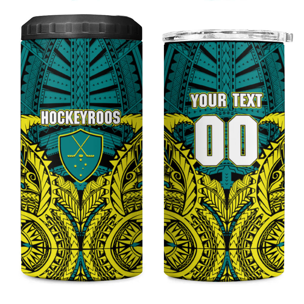 Personalized Hockeyroos Kangaroo Field Hockey 4 in 1 Can Cooler Tumbler Tribal Geometric Green Gold Symmetrical Pattern Design