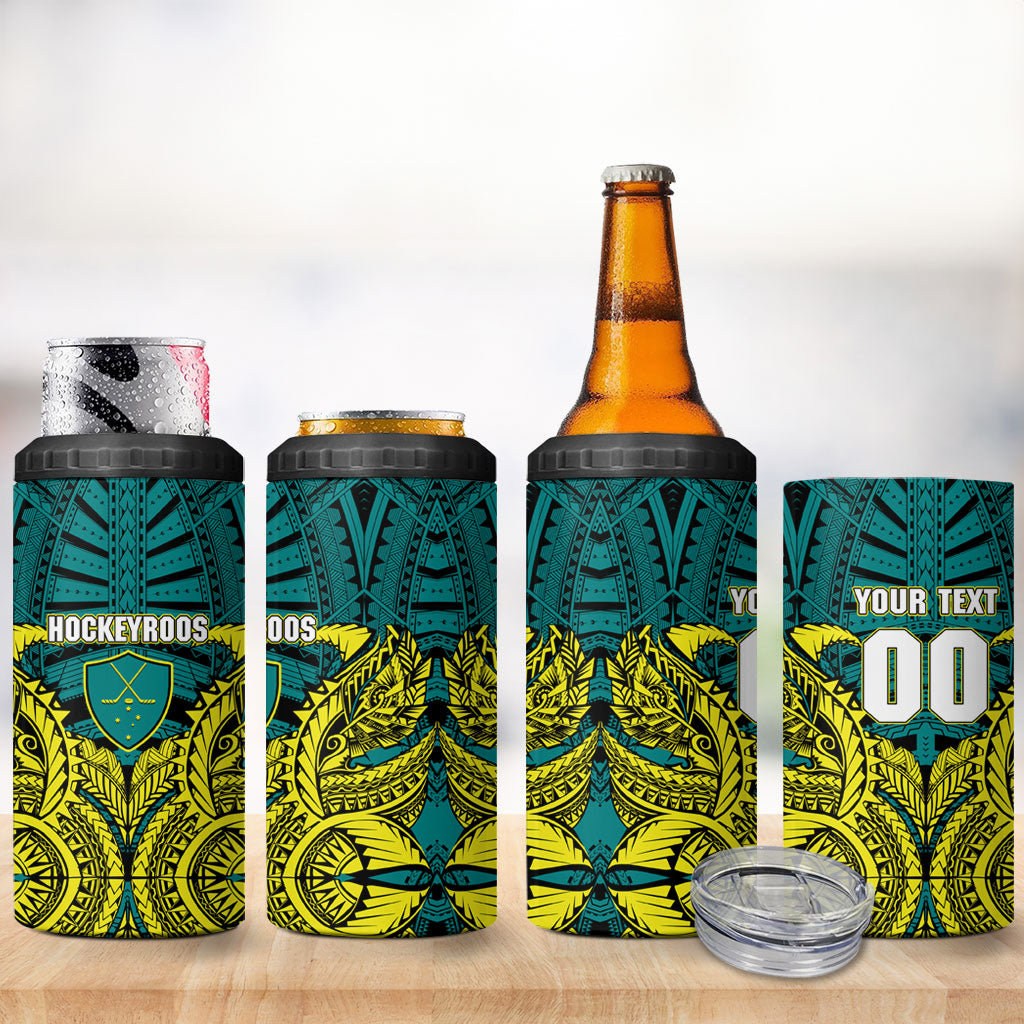 Personalized Hockeyroos Kangaroo Field Hockey 4 in 1 Can Cooler Tumbler Tribal Geometric Green Gold Symmetrical Pattern Design
