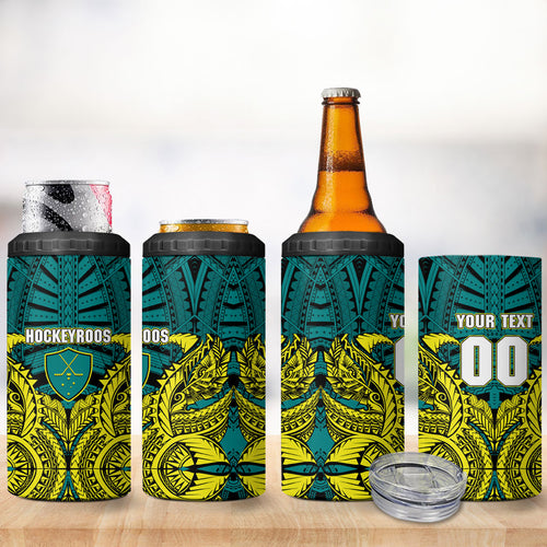 Personalized Hockeyroos Kangaroo Field Hockey 4 in 1 Can Cooler Tumbler Tribal Geometric Green Gold Symmetrical Pattern Design