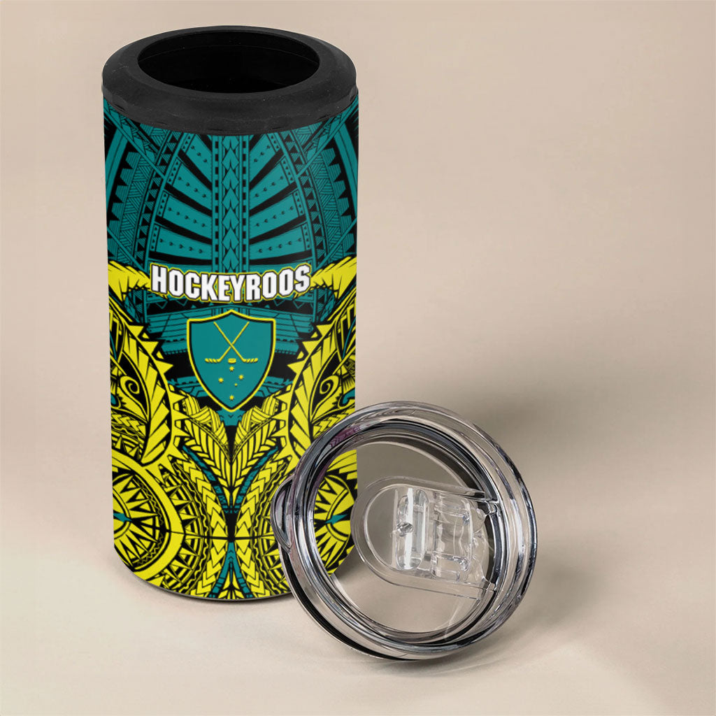Personalized Hockeyroos Kangaroo Field Hockey 4 in 1 Can Cooler Tumbler Tribal Geometric Green Gold Symmetrical Pattern Design