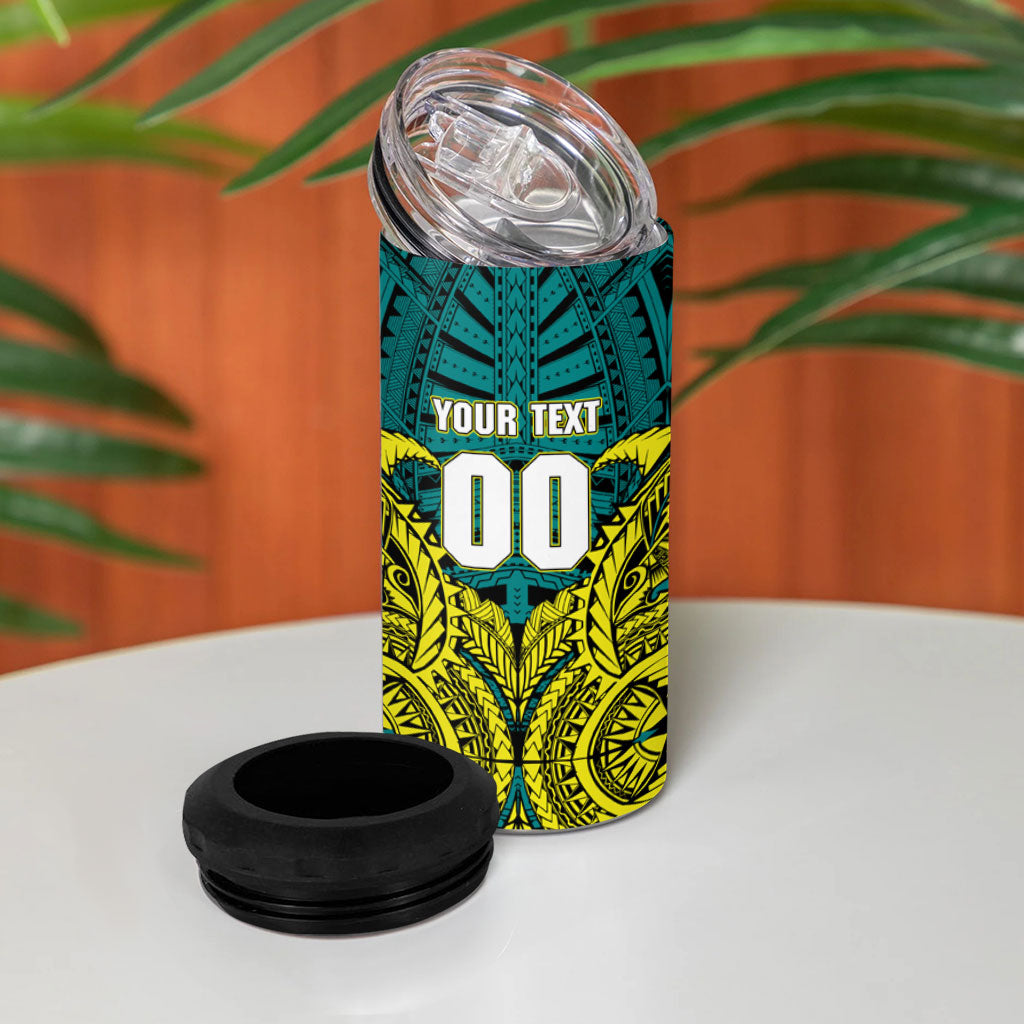 Personalized Hockeyroos Kangaroo Field Hockey 4 in 1 Can Cooler Tumbler Tribal Geometric Green Gold Symmetrical Pattern Design